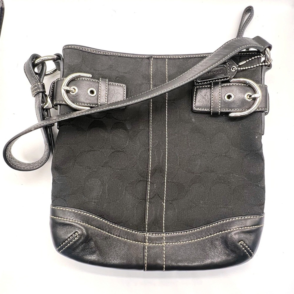 Coach Signature Jacquard Black Fabric‎ With Leather Shoulder Bag Hobo J05M-3577
